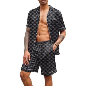 Ekouaer Mens Satin Pajamas Set Button-Down Short Sleeve Shirt Top Soft Silk Sleepwear Shorts with Pockets(Geometric Yellow)