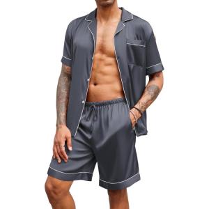 Ekouaer Mens Satin Pajamas Set Button-Down Short Sleeve Shirt Top Soft Silk Sleepwear Shorts with Pockets(Grey)