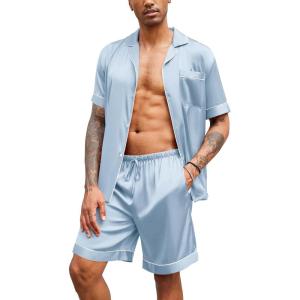 Ekouaer Mens Satin Pajamas Set Button-Down Short Sleeve Shirt Top Soft Silk Sleepwear Shorts with Pockets(Ice Blue)
