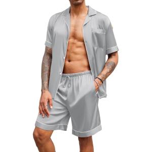 Ekouaer Mens Satin Pajamas Set Button-Down Short Sleeve Shirt Top Soft Silk Sleepwear Shorts with Pockets(Light Grey)