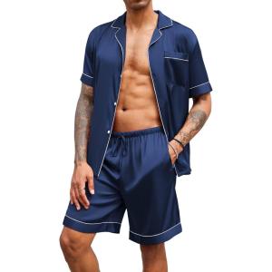 Ekouaer Mens Satin Pajamas Set Button-Down Short Sleeve Shirt Top Soft Silk Sleepwear Shorts with Pockets(Navy Blue)