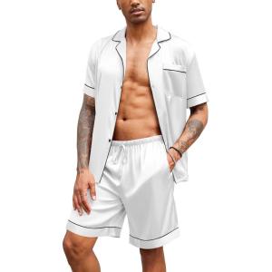 Ekouaer Mens Satin Pajamas Set Button-Down Short Sleeve Shirt Top Soft Silk Sleepwear Shorts with Pockets(White)
