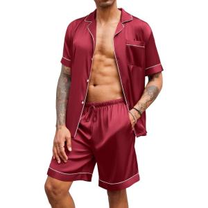 Ekouaer Mens Satin Pajamas Set Button-Down Short Sleeve Shirt Top Soft Silk Sleepwear Shorts with Pockets(Wine Red)