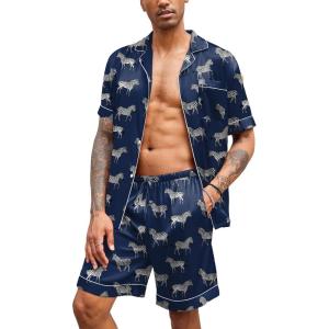 Ekouaer Mens Satin Pajamas Set Button-Down Short Sleeve Shirt Top Soft Silk Sleepwear Shorts with Pockets(Zebra Print)