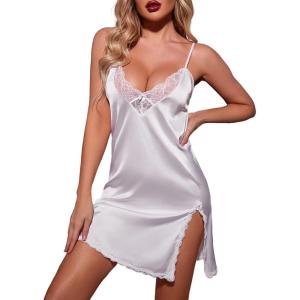 Ekouaer Nightgown Satin Lingerie Sleeveless Sleep Dress Babydoll Nightie Slip Chemise(A White)