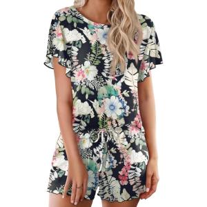Ekouaer Pajama Set for Women 2 Piece Lounge Set Short Sleeve Pjs Tops and Shorts Soft Sleepwear S-XXL(Army Green Leaf)
