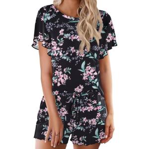Ekouaer Pajama Set for Women 2 Piece Lounge Set Short Sleeve Pjs Tops and Shorts Soft Sleepwear S-XXL(Black Big Flowers)