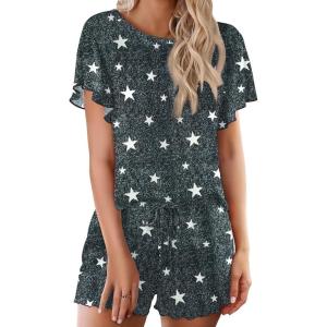 Ekouaer Pajama Set for Women 2 Piece Lounge Set Short Sleeve Pjs Tops and Shorts Soft Sleepwear S-XXL(Grey Stars)