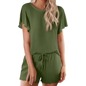 Ekouaer Pajama Set for Women 2 Piece Lounge Set Short Sleeve Pjs Tops and Shorts Soft Sleepwear S-XXL(Solid-army Green)