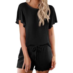 Ekouaer Pajama Set for Women 2 Piece Lounge Set Short Sleeve Pjs Tops and Shorts Soft Sleepwear S-XXL(Solid-black)