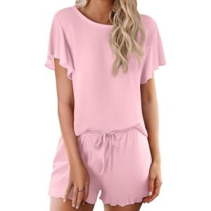 Ekouaer Pajama Set for Women 2 Piece Lounge Set Short Sleeve Pjs Tops and Shorts Soft Sleepwear S-XXL(Solid-pink)