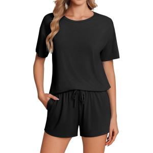 Ekouaer Pajama Set for Women Viscose from Bamboo Short Sleeve Tops and Shorts Set 2 Piece Lounge Set(Black)
