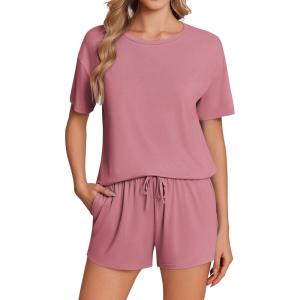 Ekouaer Pajama Set for Women Viscose from Bamboo Short Sleeve Tops and Shorts Set 2 Piece Lounge Set(Dark Pink)