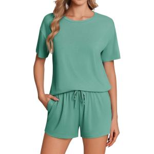 Ekouaer Pajama Set for Women Viscose from Bamboo Short Sleeve Tops and Shorts Set 2 Piece Lounge Set(Green)