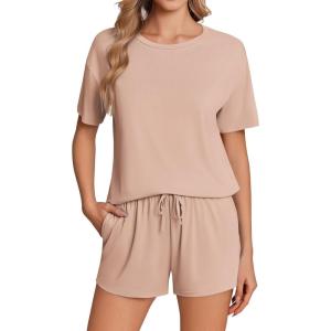 Ekouaer Pajama Set for Women Viscose from Bamboo Short Sleeve Tops and Shorts Set 2 Piece Lounge Set(Khaki)