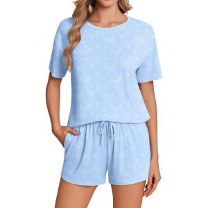 Ekouaer Pajama Set for Women Viscose from Bamboo Short Sleeve Tops and Shorts Set 2 Piece Lounge Set(Ocean Blue)