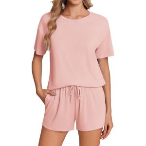 Ekouaer Pajama Set for Women Viscose from Bamboo Short Sleeve Tops and Shorts Set 2 Piece Lounge Set(Pink)