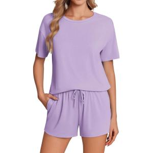 Ekouaer Pajama Set for Women Viscose from Bamboo Short Sleeve Tops and Shorts Set 2 Piece Lounge Set(Purple)