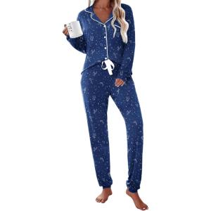 Ekouaer Pajamas Set Long Sleeve Sleepwear Womens Button Down Nightwear Soft Pj Loungewear with Pockets(Star)