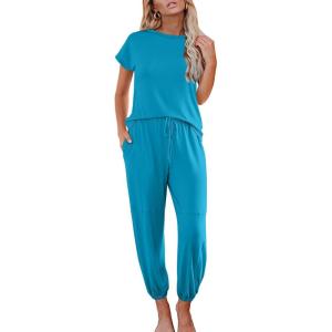 Ekouaer Pajamas for Women 2 Piece Lounge Sets Cap Sleeve Loungewear Top with Joggers Pants S-XXL(Lake Blue)