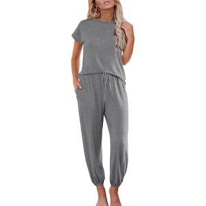 Ekouaer Pajamas for Women 2 Piece Lounge Sets Cap Sleeve Loungewear Top with Joggers Pants S-XXL(Light Grey)
