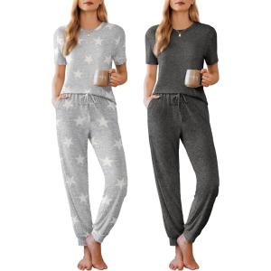 Ekouaer Pajamas for Women Set 2 Pack Lounge Set Short Sleeve Pjs Joggers Long Pants Loungepwear with Pockets(Light Gray Star+dark Gray)