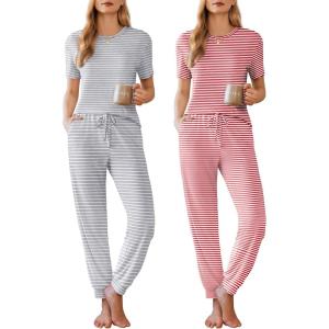 Ekouaer Pajamas for Women Set 2 Pack Lounge Set Short Sleeve Pjs Joggers Long Pants Loungepwear with Pockets(Light Gray Stripe+red Stripe)