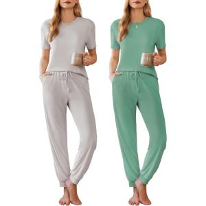 Ekouaer Pajamas for Women Set 2 Pack Lounge Set Short Sleeve Pjs Joggers Long Pants Loungepwear with Pockets(Light Gray+green)