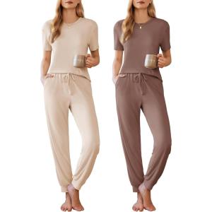 Ekouaer Pajamas for Women Set 2 Pack Lounge Set Short Sleeve Pjs Joggers Long Pants Loungepwear with Pockets(Light Khaki+brown)