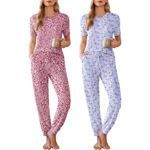 Ekouaer Pajamas for Women Set 2 Pack Lounge Set Short Sleeve Pjs Joggers Long Pants Loungepwear with Pockets(Pink Love+white Butterfly)