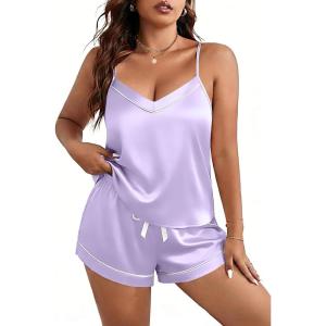 Ekouaer Pajamas for Women Set Silk Satin Pjs Sexy Lingerie Sleepwear Cami Shorts Set Summer Nightwear S-XXL(Lilac)