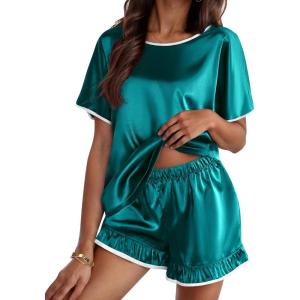 Ekouaer Satin Pajama Set for Women 2 Piece Silk Pjs Soft Short Sleeve Sleepwear Top with Ruffle Shorts S-XXL(Blue Green)
