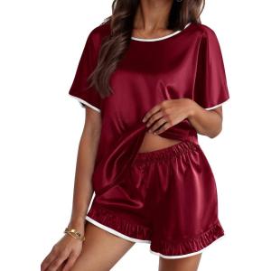 Ekouaer Satin Pajama Set for Women 2 Piece Silk Pjs Soft Short Sleeve Sleepwear Top with Ruffle Shorts S-XXL(Wine Red)