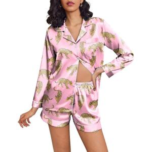 Ekouaer Satin Pajama Set for Women Button Down Pj Set Long Sleeve Top and Shorts 2 Piece Loungewear Summer Soft Sleepwear(Pink Leopard)