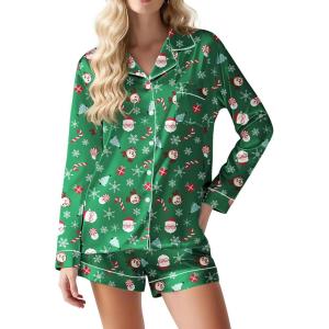 Ekouaer Satin Pajama Set for Women Button Down Pj Set Long Sleeve Top and Shorts 2 Piece Loungewear Summer Soft Sleepwear(Santa Claus)