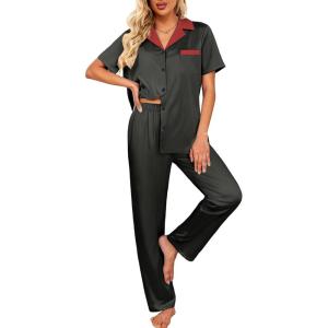 Ekouaer Satin Pajamas Set for Women Silk Button Down Sleepwear Short Sleeve Loungewear 2 Pieces Nightwear(Black)