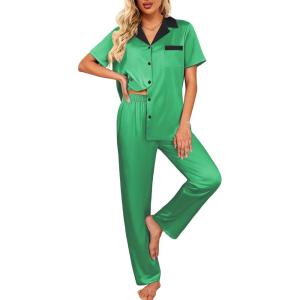 Ekouaer Satin Pajamas Set for Women Silk Button Down Sleepwear Short Sleeve Loungewear 2 Pieces Nightwear(Green)