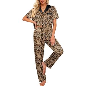 Ekouaer Satin Pajamas Set for Women Silk Button Down Sleepwear Short Sleeve Loungewear 2 Pieces Nightwear(Khaki Black Leopard)