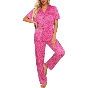 Ekouaer Satin Pajamas Set for Women Silk Button Down Sleepwear Short Sleeve Loungewear 2 Pieces Nightwear(Rose Leopard)