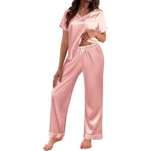 Ekouaer Satin Pajamas for Women Short Sleeve Silk Pajama Sets Soft Sleepwear Top with Causal Long Pj Pant(Dark Pink)