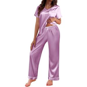 Ekouaer Satin Pajamas for Women Short Sleeve Silk Pajama Sets Soft Sleepwear Top with Causal Long Pj Pant(Lilac)