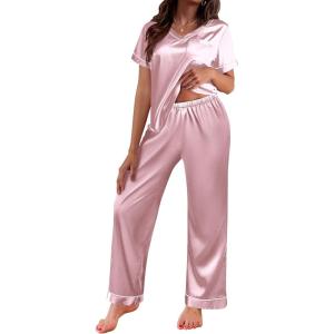 Ekouaer Satin Pajamas for Women Short Sleeve Silk Pajama Sets Soft Sleepwear Top with Causal Long Pj Pant(Pink)
