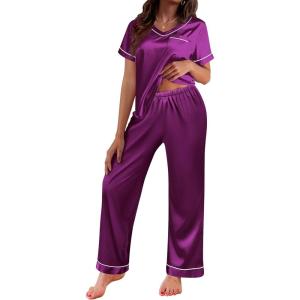 Ekouaer Satin Pajamas for Women Short Sleeve Silk Pajama Sets Soft Sleepwear Top with Causal Long Pj Pant(Purple)