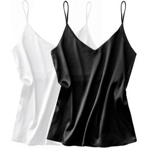 Ekouaer Satin Tank Tops for Women Silk Camisole Tops 2 Pack V Neck Spaghetti Strap Blouse Soft Dressy Camisole(2 Pack:white/Black)