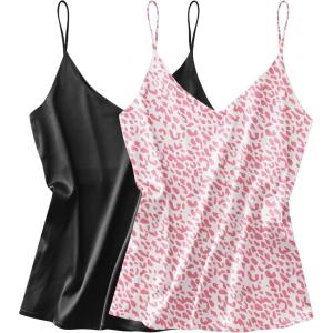 Ekouaer Satin Tank Tops for Women Silk Camisole Tops 2 Pack V Neck Spaghetti Strap Blouse Soft Dressy Camisole(Black/Pink Leopard)