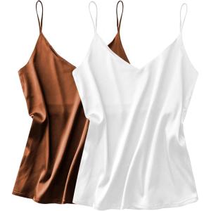 Ekouaer Satin Tank Tops for Women Silk Camisole Tops 2 Pack V Neck Spaghetti Strap Blouse Soft Dressy Camisole(Camel/White)