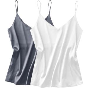 Ekouaer Satin Tank Tops for Women Silk Camisole Tops 2 Pack V Neck Spaghetti Strap Blouse Soft Dressy Camisole(Grey/White)