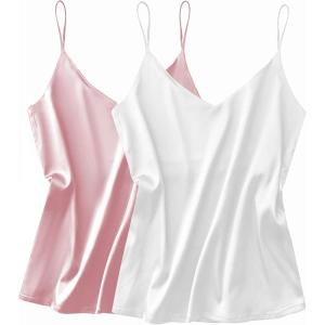 Ekouaer Satin Tank Tops for Women Silk Camisole Tops 2 Pack V Neck Spaghetti Strap Blouse Soft Dressy Camisole(Pink/White)