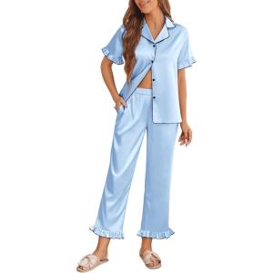 Ekouaer Silk Pajamas for Women Satin Short Sleeve Pajamas Set with Ruffle 2 Pieces Button Down Tops and Pants(Clear Blue)