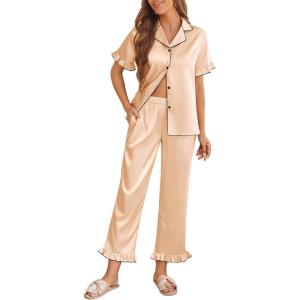 Ekouaer Silk Pajamas for Women Satin Short Sleeve Pajamas Set with Ruffle 2 Pieces Button Down Tops and Pants(Khaki)